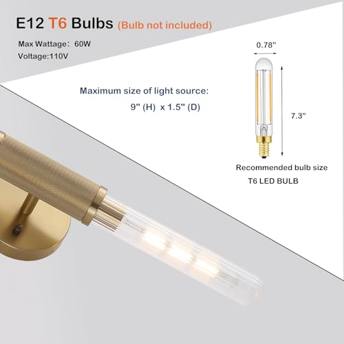 Gold Knurled Texture Wall Sconces 24" Modern Cylinder Bathroom Vanity Lights Fixtures with Clear Striped Glass Shade 2-Lights Indoor Wall Lighting for Living Room Bedroom Kitchen - color: Gold Knurled Texture/Clear