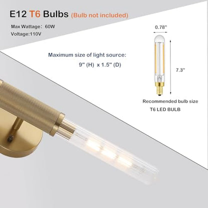 Gold Knurled Texture Wall Sconces 24" Modern Cylinder Bathroom Vanity Lights Fixtures with Clear Striped Glass Shade 2-Lights Indoor Wall Lighting for Living Room Bedroom Kitchen - color: Gold Knurled Texture/Clear