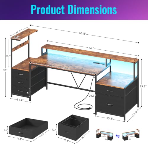 63" Gaming Desk with Drawers, Storage Shelves and Printer Stand | Computer Desk with Monitor Stand and LED Lights, Reversible Home Office Desk with Printer Shelf, Rustic Brown - color: Rustic Brown