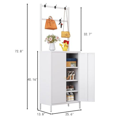 2in1 Hall Tree Shoe Cabinet for Entryway, Hallway, and Living Room,Metal Shoe Coat Rack Cabinet with 3 Adjustable Shelf,Shoe Storage Organizer with Hanging Bar & Hooks (Cabinet With Coat Rack, white) - color: White, style: Cabinet With Coat Rack