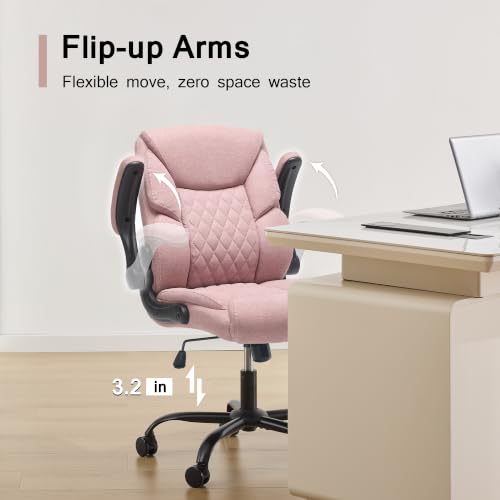 Fabric Executive Office Chair - Comfy Pink Desk Chair Small Space | with Mid Backrest,5 Wheels,Mid Backrest,Lumbar Support, Height Adjustable,Home Office Reading Gaming Use,for Women Adult - color: Pink