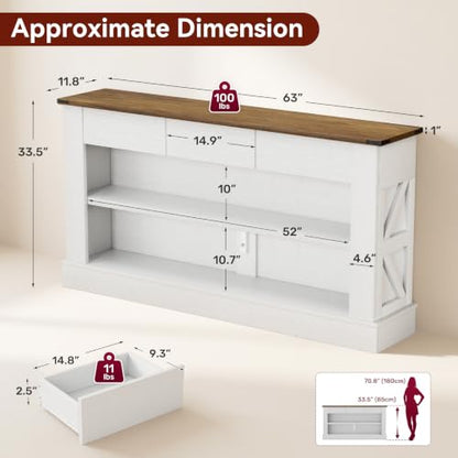 Miereirl 63" Console Table with Drawers & LED Light, Rustic Brown & White | Narrow Entryway Sofa Table, 3 Storage Drawers & Open Shelves, Behind Couch, Living Room Hallway Foyer - color: Rustic Brown&white