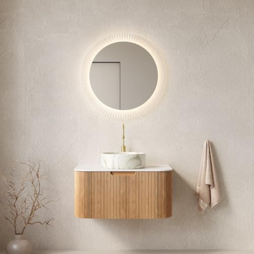 30" Floating Bathroom Vanity with Sink, Wall Mounted Plywood Cabinet, Natural Wood Grain Fluted Front, Sintered Stone Countertop, White Marble-Look Ceramic Vessel Sink, Soft-Close Drawer - color: Natural Oak Cabinet / White Marble Sink, size: 30 Inch