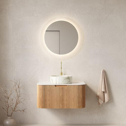30" Floating Bathroom Vanity with Sink, Wall Mounted Plywood Cabinet, Natural Wood Grain Fluted Front, Sintered Stone Countertop, White Marble-Look Ceramic Vessel Sink, Soft-Close Drawer - color: Natural Oak Cabinet / White Marble Sink, size: 30 Inch