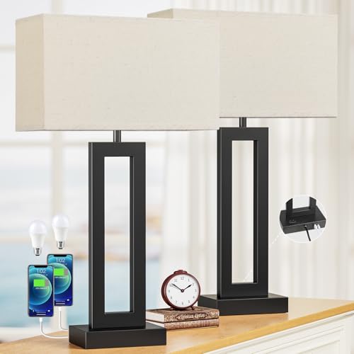 Seealle 26.3in Big Bedroom Table Lamps Set of 2 -Touch Control, 3 Way Dimmable, USB C+A Charging, LED Bulbs, Easy Assembly - color: A. Beige&Black, size: Extra Large(26in)