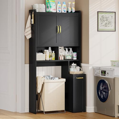 Over The Toilet Storage Cabinet with Pulley Bathroom Storage Cabinet, Space Saver W/Adjustable Shelf & Open Shelf for Bathroom, Restroom, Laundry (Black) - color: Black