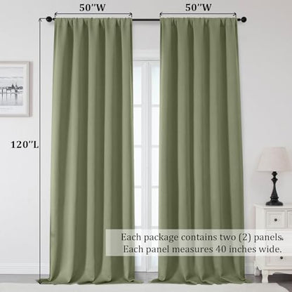 Sally Extra Sage Green Blackout Curtains 120 Inches Long 2 Panels Set for Bedroom Living Room, Solid Thermal Insulated Privacy Room Darkening Window Treatment Drapes, 2 Pcs Each W50 x L120 Inch - color: Sage Green, size: 50"W x 120"L (Pack of 2)