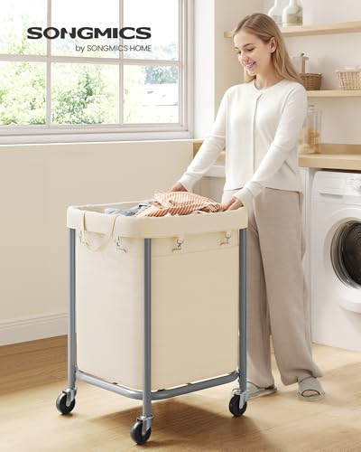 SONGMICS Laundry Basket, Rolling Steel Frame with 2 Locking Wheels, 170 L | Heavy-Duty Laundry Hamper Cart with Removable Bag, Cream White and Metallic Silver, URLS015WD01 - color: Dove Gray + Cream White, size: 140 L (2-Section)