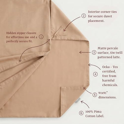 Peru Pima 285 Thread Count Percale Duvet Cover Set Full/Queen — 100% Peruvian Pima Cotton 3-Piece Bedding (1 Duvet Cover + 2 Pillowcases) — Cooling, Breathable, Crisp Hotel Quality — Latte - color: Latte, size: Full/Queen