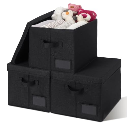GRANNY SAYS Storage Bins with Lids, Decorative Storage Boxes with Lids | Storage Box with Dust Cover, Handles & Lable, Collapsible, Ideal for Closet Clothes Blanket Toys, Large, Black, 3-Pack - color: Black, size: Large