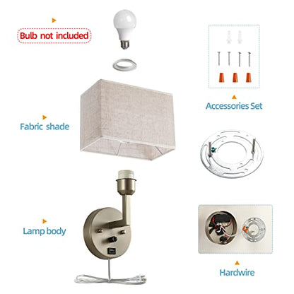 Plug in Wall Sconce with Dimmer Switch and USB Port，1-Light 9.5“Rectangular Linen Fabric Shade，Bedside Wall Lamp Satin Nickel Finish，Wall Lamps Perfect for Bedroom, Living Room and Hotel - color: Silver