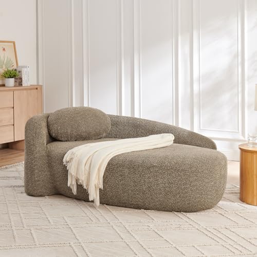 Modern Oval Chaise Lounge Chair, Boucle Upholstered Single Lazy Sofa with Integrated Backrest, Side Armrest, Matching Pillow, Space Saving Accent Lounger for Living Room Reading Nook (Brown) - color: Brown