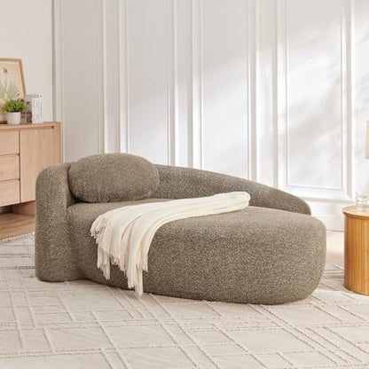 Modern Oval Chaise Lounge Chair, Boucle Upholstered Single Lazy Sofa with Integrated Backrest, Side Armrest, Matching Pillow, Space Saving Accent Lounger for Living Room Reading Nook (Brown) - color: Brown