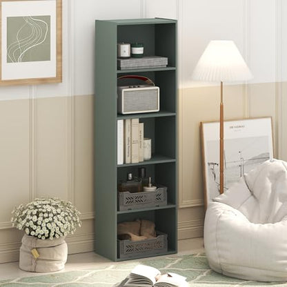 Furinno LUDER Book Shelf, 5-Tier Bookshelf, Bookcase with Open Shelves, 9.4 x 15.8 x 52, Easy Assembly, for Living Room, Bedroom, Home Office, Sage Green - color: Sage Green, size: 5-Tier