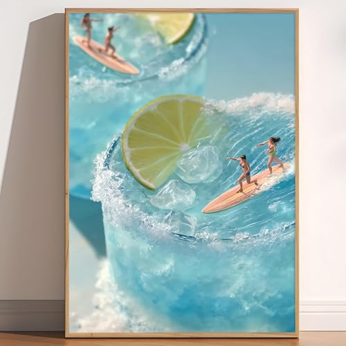 Trendy Cocktail Wall Art Cute Summer Paintings Blue Sea Picture Surfing Girl Poster Lemon Cocktail Art Ocean Wave Artwork Preppy Aesthetic Pictures Coastal Cowgirl Poster for Bedroom 16x24in Frameless - color: H1Unframed