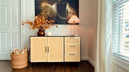PHI VILLA Black Rattan Cabinet with Doors, Buffet Sideboard Cabinet with Drawers, 2 Door Storage Cabinets - color: Rattan 2
