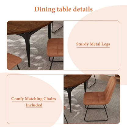 HIPIHOM Expandable Folding Dining Table Set, 55-Inch Round to Square Table with 6 Upholstered Chairs, Metal Frame, for Dining Room or Apartment (Round Table + 6 Brown Chairs) - color: Round Table + 6 Brown Chairs