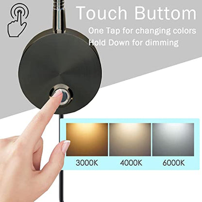 Adust Reading Lights for Books in Bed, Bedside Reading Lamp, RV Boat Reading, DC 5V-240V 3W LED Touch Dimmable Brightness Wall Mount Lamp, Adjustable Colour Temperature, 3000k, 4000k, 6000k(Black) - size: Black (1-Pack)