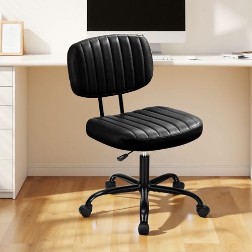 Swivel Rolling Office Chair, Armless Pu Leather Vanity Chair with Back Lumbar Support Height Adjustable Computer Chair, Small Desk Chair for Home Office, Black - color: Black