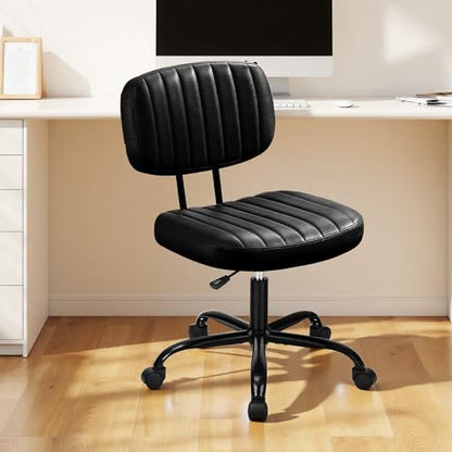 Swivel Rolling Office Chair, Armless Pu Leather Vanity Chair with Back Lumbar Support Height Adjustable Computer Chair, Small Desk Chair for Home Office, Black - color: Black