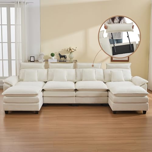 134'' Cloud Modern 4 Seater Couch with Detachable Headrest, Modular Sectional Sofa with 2 Ottoman, Oversized U Shape Chenille Comfy Sofa with Armrests for Living Room, Beige - color: Beige, size: U Shaped Couch