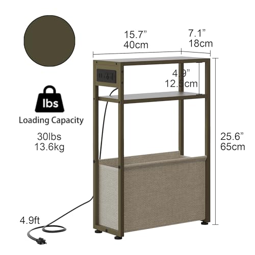 Leomonio Green Side Table with Charging Station, Slim End Tables with Linen Basket, Skinny Table for Small Spaces, Thin Bedside Table for Living Room, Bedroom - color: Forest Green + Camel Brown - Outlet