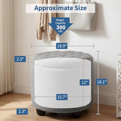 Modern Round Storage Ottoman, Upholstered Button Tufted Ottoman Footstool Ottomans with Removable Lid Storage Footstool for Living Room, Bedroom, Makeup Room, Teddy, Grey - color: Grey-1
