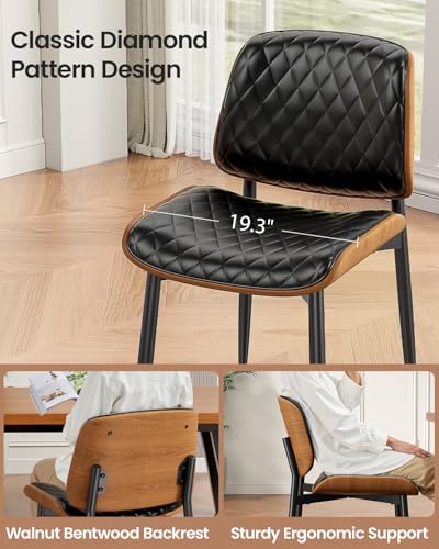 Dining Chairs Set of 2, Mid-Century Modern Upholstered PU Leather Chairs | with Walnut Back and Metal Legs Adjustable Feet for Kitchen Dining Room, Black Diamond Plaid - color: Black Diamond Plaid