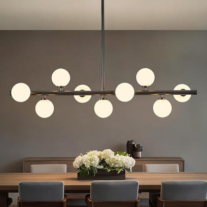Mid Century Modern Globe Sputnik Chandelier, 9-Light Linear Chandeliers for Dining Room and Kitchen Island, Dining Light Fixture Over Table, Black and Milk White Glass Bubble, 40 Inch - color: Black Milk White, size: 9-Light 40 Inch