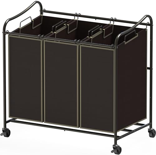 Simple Houseware Heavy Duty 3-Bag Laundry Sorter Rolling Cart, Bronze | Removable Bags and Lockable Wheels for Laundry Room Organization - color: Bronze