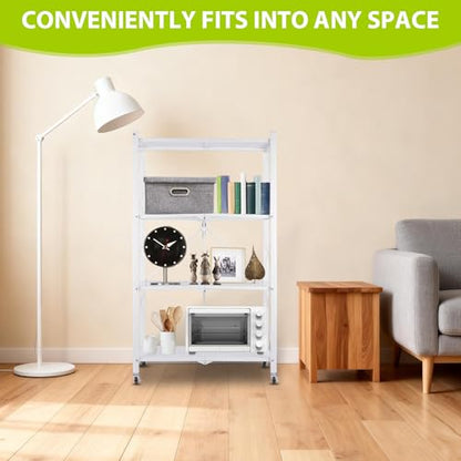 4-Tier Foldable Storage Shelf with Wheels, Metal Collapsible Shelving Unit, Heavy-Duty Rolling Cart for Kitchen Pantry Garage Office, Pre-Assembled Organizer Rack – White - size: 4-Tier White