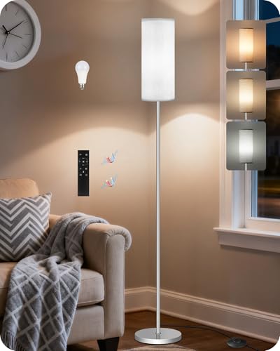 Dimmable Floor Lamps for Living Room with Remote and Foot Switch, 64.4” Modern Standing Tall Lamp, Corner Lamp for Office, Bulb Included, 3000K-6500K, Silver and Off-White SW06LD05W1 - color: Off-White and Silver