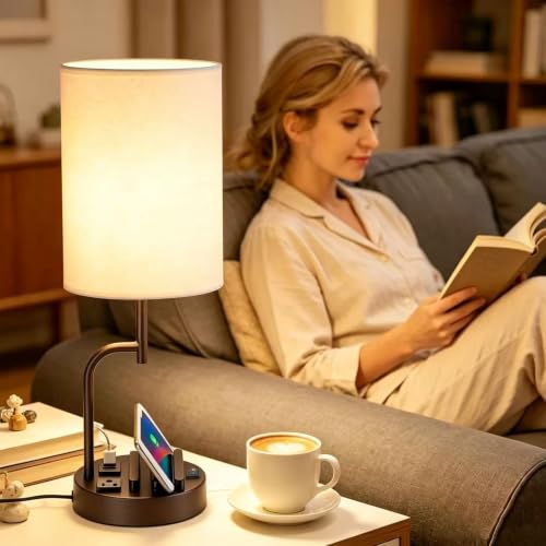Dreamholder 2 Pack Table Lamp, Bedside Lamp with 3 USB Charging Ports & AC Outlet, USB Desk Lamp with 2 Phone Holders, Linen Fabric Shade Nightstand Lamps for Bedroom Living Room Office, Dark Brown - color: Dark Brown