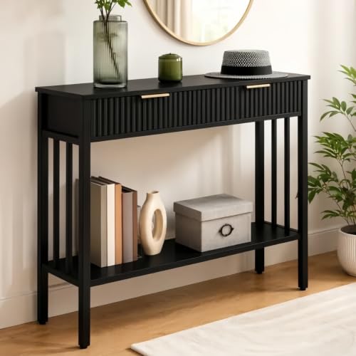 MAHANCRIS 39.4" Console Table with 2 Drawers, Fluted Black Entryway Table | Narrow Long Entry Table with Storage Shelf, Sofa Table for Entryway, Living Room, Foyer, Hallway, Office, Black CTHB5101 - size: 11.8"D x 39.4"W x 32.3"H
