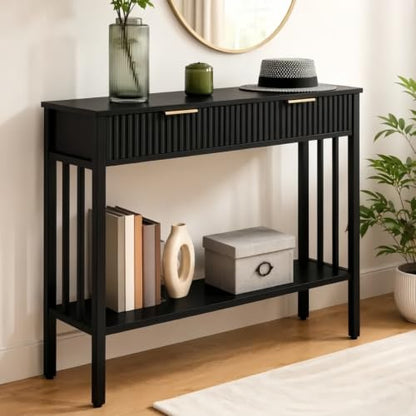 MAHANCRIS 39.4" Console Table with 2 Drawers, Fluted Black Entryway Table | Narrow Long Entry Table with Storage Shelf, Sofa Table for Entryway, Living Room, Foyer, Hallway, Office, Black CTHB5101 - size: 11.8"D x 39.4"W x 32.3"H