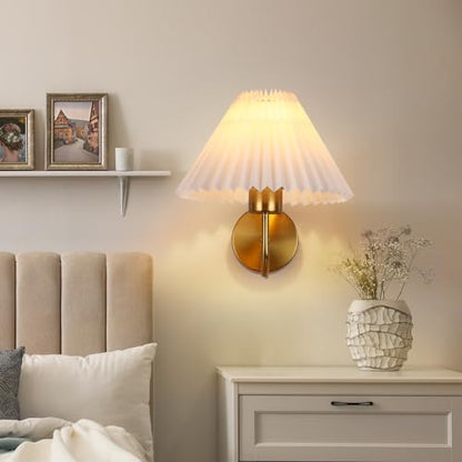Gold Wall Sconces Sets of 2, Indoor Wall Light Fixtures with Fabric Lampshade, Pleated Fabric Wall Lamp Dresser Hardwired Lamp Wall Lighting Fixture for Bedroom Living Room Porch Dining Room | Wall Light Fixtures with Fabric Lampshade Dresser Hardwired La
