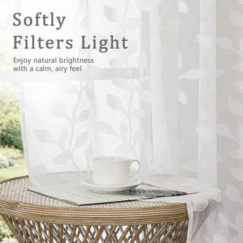 White Sheer Curtains 96 Inches Long - Jacquard Leaf Clip Textured Sheer Curtains for Living Room, Farmhouse Light Mitering Window Treatments Drapes with Rod Pocket, 2 Panels, 2x42Wx96L Inches - color: White, size: 42"W x 96"L (Pack of 2)
