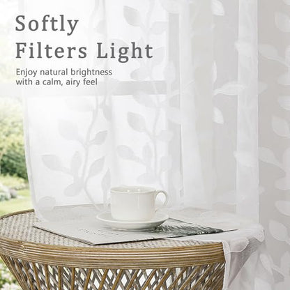 White Sheer Curtains 96 Inches Long - Jacquard Leaf Clip Textured Sheer Curtains for Living Room, Farmhouse Light Mitering Window Treatments Drapes with Rod Pocket, 2 Panels, 2x42Wx96L Inches - color: White, size: 42"W x 96"L (Pack of 2)