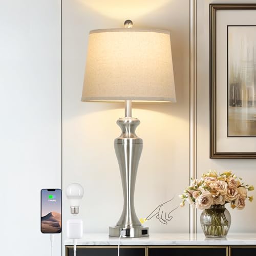 CINSARY Silver Table Lamp Single, Touch Control Bedside Lamp with USB A+C Ports and AC Outlet, 3-Way Dimmable Bedroom Lamps for Nightstand, Tall Brushed Nickel Living Room Lamps for End Table - color: Silver (1 Pack)