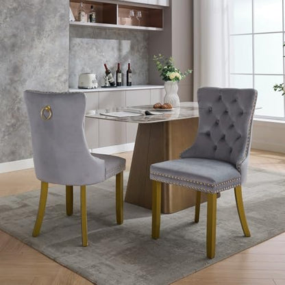 KEIKI Velvet Dining Chair, Upholstered Tufted Accent Seat | with Golden Solid Wood Legs for Dining Room Kitchen Room, Light Gray - color: Light Gray