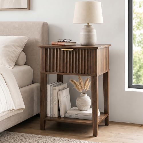 Dark Walnut 15.4" Wide Small Nightstand with Drawer,Open Shelf,Fluted | Deep wood tone, ribbed fluted front, 11.8-inch slim depth, concealed storage, styled for bedside, sofa side, or chair side - color: Dark Walnut