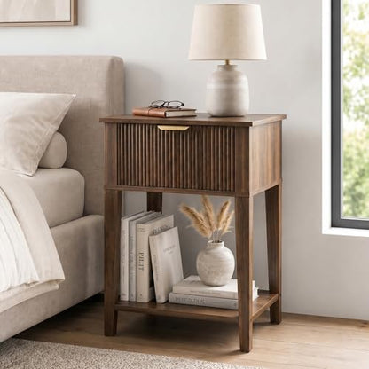 Dark Walnut 15.4" Wide Small Nightstand with Drawer,Open Shelf,Fluted | Deep wood tone, ribbed fluted front, 11.8-inch slim depth, concealed storage, styled for bedside, sofa side, or chair side - color: Dark Walnut