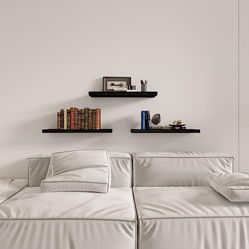 SAUMONIERES Floating Wall Shelves for Bedroom Bathroom Wall Mounted Solid Wood Shelf 24 Inch Set of 3, Black - color: Black, size: 24 Inch-3 shelves