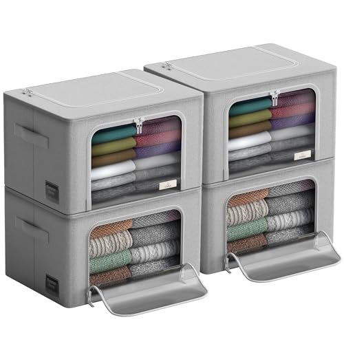 Sorbus Storage Bins with Metal Frame - Stackable & Foldable Clothes Organizer Bags - Oxford Fabric Storage Containers with Large Clear Window & Carry Handles Organization for Bedding Linen & Clothing - color: Gray, size: 4 Pack