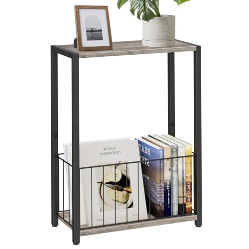 Homleke Narrow Side Table with Magazine Holder, Skinny End Table | Space-Saving Design, Small Spaces, Storage Shelf, Metal Frame, Easy Assembly, 7.1" D x 16.9" W x 23.6" H, Greige - color: Greige - Standard