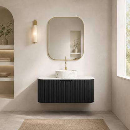 36" Floating Bathroom Vanity with Sink, Wall Mounted Plywood Cabinet, Black Fluted Front, Sintered Stone Countertop, White Marble-Look Ceramic Vessel Sink, Soft-Close Drawer, Pre-Assembled - color: Black Cabinet / White Marble Sink, size: 36 Inch