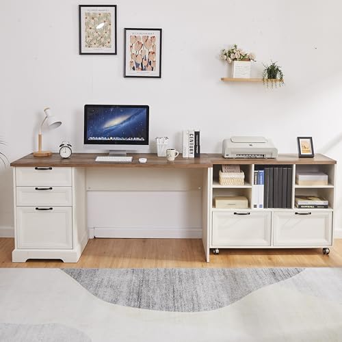 60"L-Shaped Executive Desk with 40"Adjustable File Cabinet,Farmhouse Home Office Desk with Charging Station,Office Desk with Storage Drawers,Wood Computer Desk Set for Office Work,Home Study - color: Off-white
