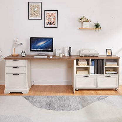 60"L-Shaped Executive Desk with 40"Adjustable File Cabinet,Farmhouse Home Office Desk with Charging Station,Office Desk with Storage Drawers,Wood Computer Desk Set for Office Work,Home Study - color: Off-white