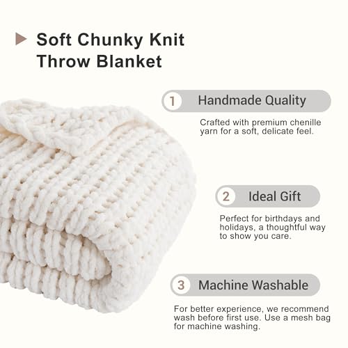 Chunky Knit Throw Blanket for Couch, White Knit Throw Blanket, 50"x60" | Handmade Cable Knit Crochet Blanket, Soft Thick Knot Knitted Throw Blankets for Bed Sofa ,Cream Neutral Blanket Throw - color: Cream