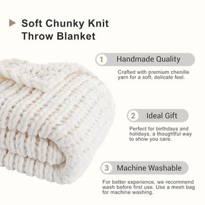 Chunky Knit Throw Blanket for Couch, White Knit Throw Blanket, 50"x60" | Handmade Cable Knit Crochet Blanket, Soft Thick Knot Knitted Throw Blankets for Bed Sofa ,Cream Neutral Blanket Throw - color: Cream